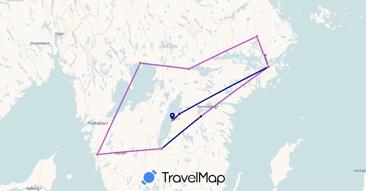 TravelMap itinerary: driving, train in Sweden (Europe)